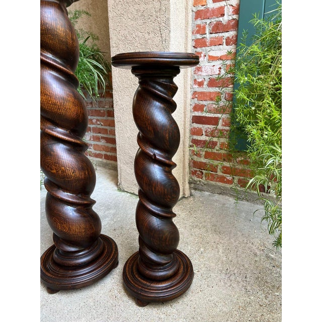 Pair Set of 2 Antique French Pedestal Stand Barley Twist Oak Large Plant Columns For Sale - Image 10 of 18