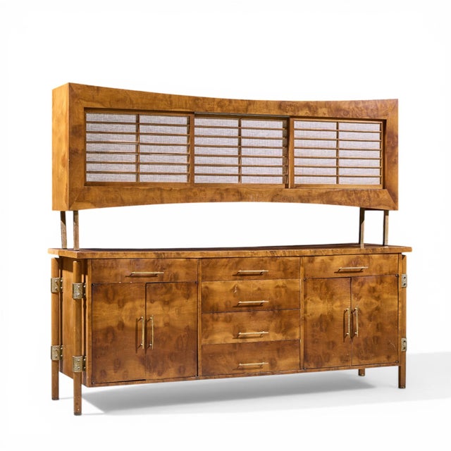 Harold Schwartz for Romweber Mid Century Burlwood and Brass Credenza and Hutch The credenza measures: 78 wide x 24 deep x...