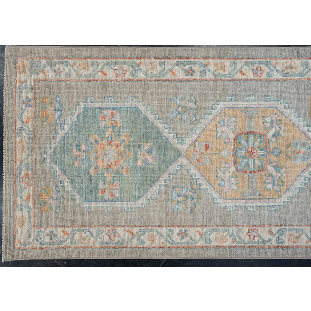 Early 21st Century Oushak Runner Gray, Blue & Beige Handwoven Wool Rug 3' X 10'2" For Sale - Image 5 of 9