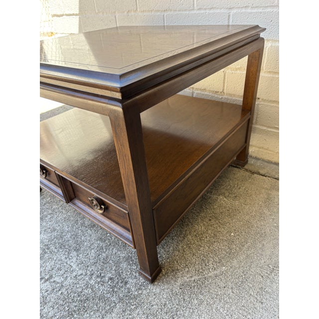 Mid-Century Modern 1960s Hekman Walnut End Table With Parquet Patterned Top and Two Lower Drawers and Brass Hardware For Sale - Image 3 of 7