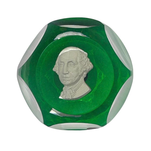 Glass 1954 Baccarat Green Crystal George Washington Sulfide Paperweight For Sale - Image 7 of 7