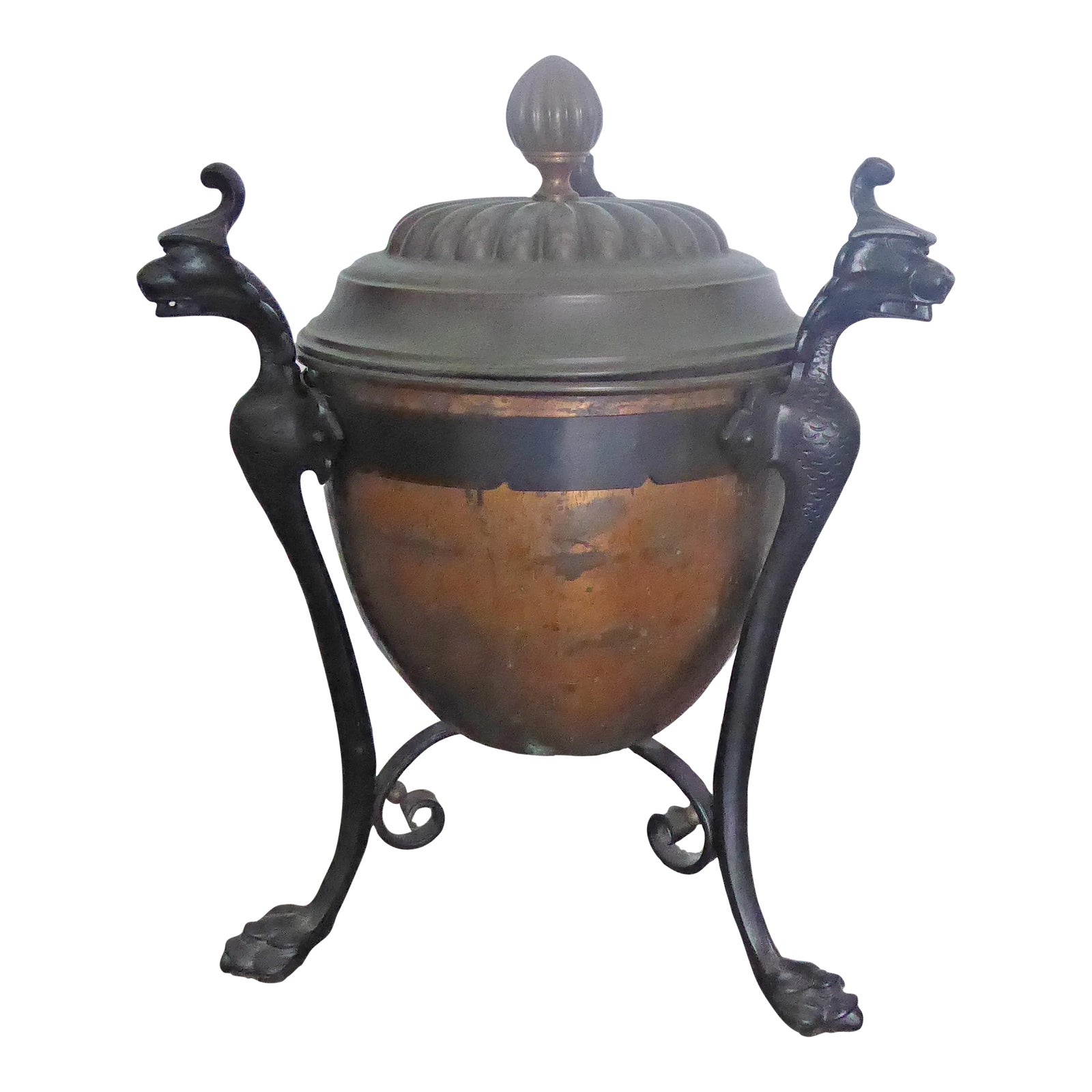 Early 21st Century Iron and Copper Covered Urn With Griffin Heads ...