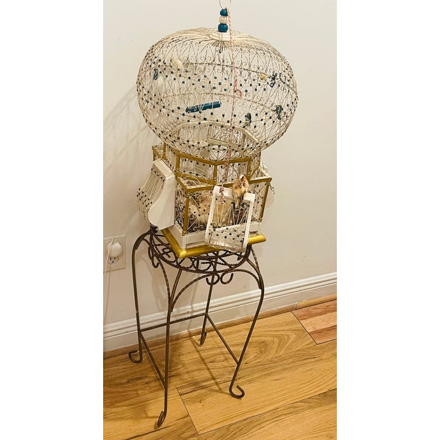 Shabby Chic Antique Wired Bird Cage on Stand For Sale - Image 3 of 6