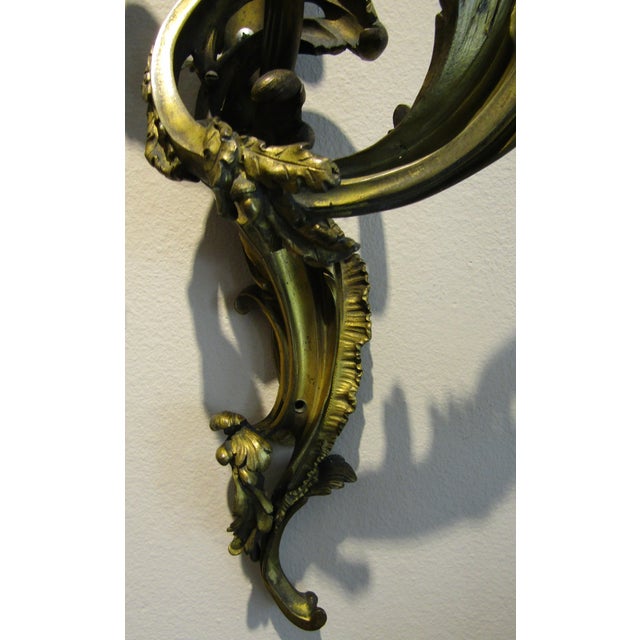 Antique Pair French 19th Century Louis XV Gilt Bronze Two Light Wall Sconces For Sale - Image 16 of 18