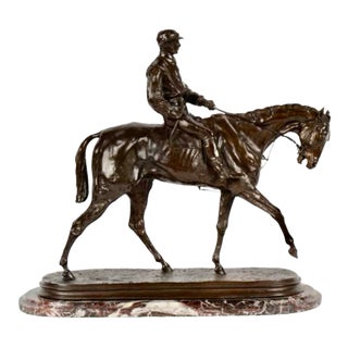 Mid 19th Century Pierre-Jules Mêne Style Equestrian Bronze Sculpture of Rider on Horse With Rouge Marble Base For Sale