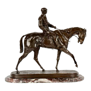 Mid 19th Century Pierre-Jules Mêne Style Equestrian Bronze Sculpture of Rider on Horse With Rouge Marble Base