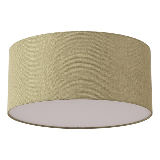 Stretch Flush Mount Ceiling Light 18" D - Mid Century, Linen Drum Shade, Brass Canopy, Dimmable, Bulb Included For Sale