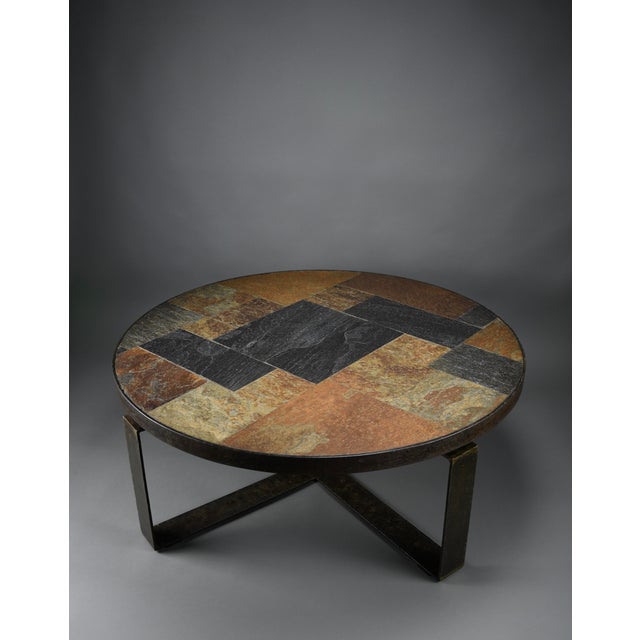Brutalist Round Coffee Table in Norwegian Slate, Concrete and Hammered Brass attributed to Paul Kingma, Netherlands, 1970s For Sale - Image 9 of 14