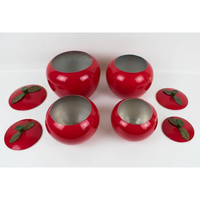 1960s Mid-Century Kitchen Canister Cookie Jar Red Enamel Aluminum Apple, Set of 4 Pc For Sale - Image 5 of 13