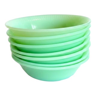 Vintage Fire King Jadeite Jane Ray Dessert Bowls-Anchor Hocking- Set-Berry Milk - Set of 7 For Sale