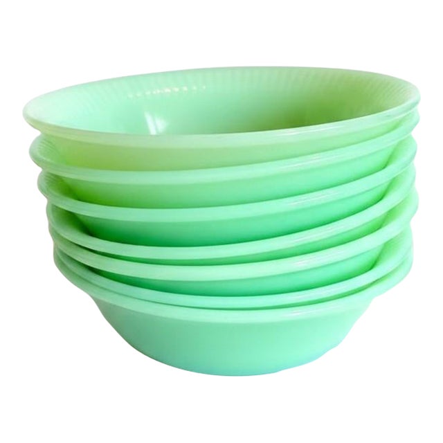Vintage Fire King Jadeite Jane Ray Dessert Bowls-Anchor Hocking- Set-Berry Milk - Set of 7 For Sale