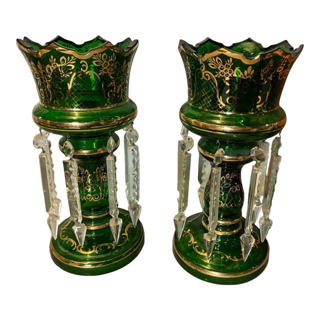 Pair of Antique Victorian Emerald Green Art Glass Mantle Lusters With Prisms For Sale