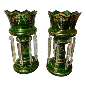 Pair of Antique Victorian Emerald Green Art Glass Mantle Lusters With Prisms