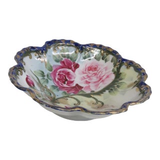 Nippon Porcelain Bowl Made in Japan Hand Painted Roses With Blue Gold Trim 4984b For Sale