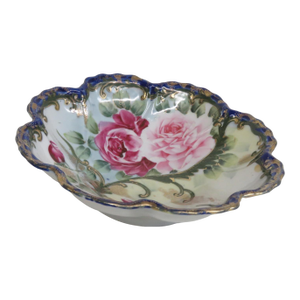 Nippon Porcelain Bowl Made in Japan Hand Painted Roses With Blue Gold Trim 4984b