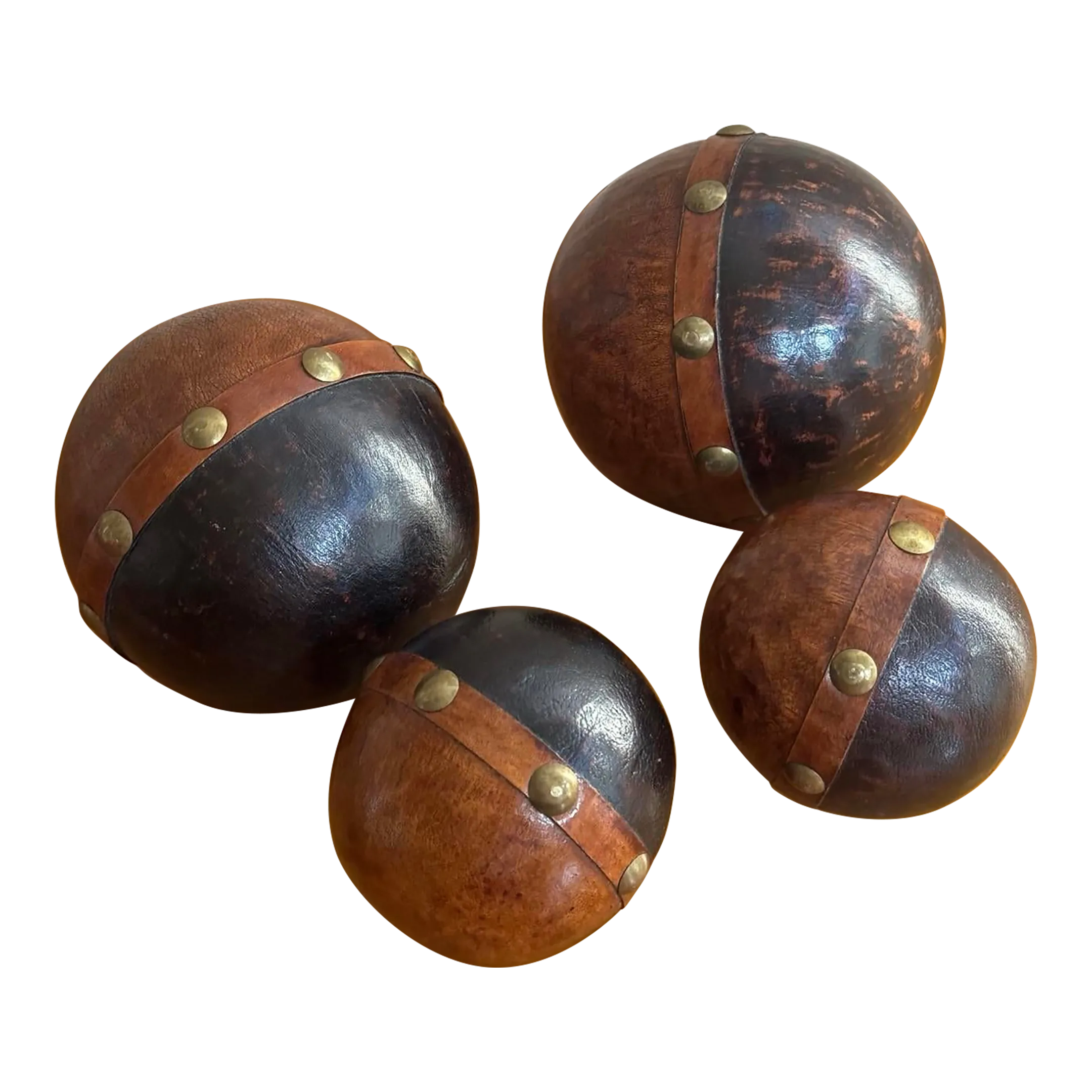 Late 20th Century Brass Studded Leather Clad Wood Decorative Balls