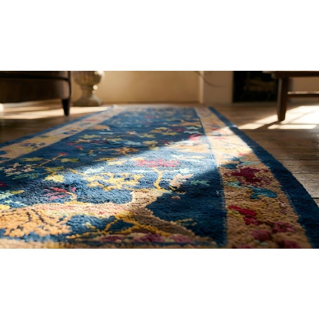 1920s Navy Blue Floral Antique Pair of Chinese Art Deco Runner Carpets 2'1'' X 11' 8'' Knotted Wool Rugs For Sale - Image 13 of 15
