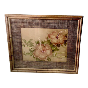 Vintage Palm Beach Regency Coastal Tip Freeman Hawaiian Hibiscus Flower Airbrush Painting Bamboo Frame Early 20th Century