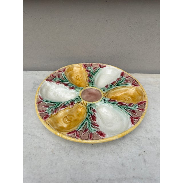 19th Century, English Majolica Oyster plate by S. Fielding and Company yellow and white. Reference: Page 29 of "Collecting...
