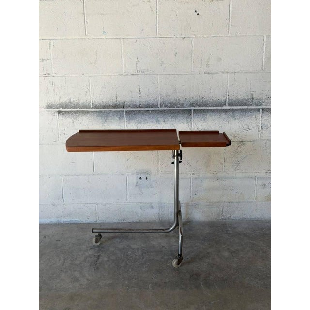 Chrome Teak Rolling Side Table With Adjustable Height Chrome Base Vintage Mid-Century Modern 1960s For Sale - Image 8 of 11