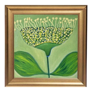Original Allium Flower Painting in Brushed Gold Frame, Oil on Canvas, 14.5" X 14.5" by Tatiana Duperault For Sale