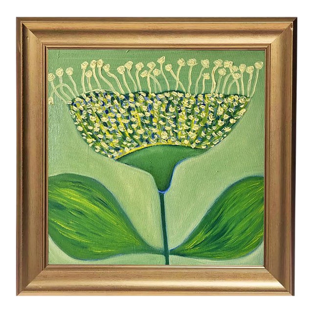 Original Allium Flower Painting in Brushed Gold Frame, Oil on Canvas, 14.5" X 14.5" by Tatiana Duperault For Sale