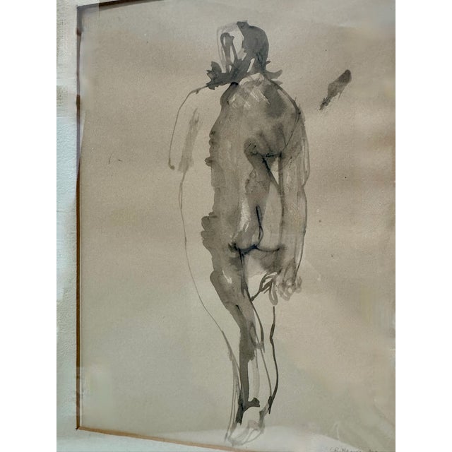 American Robert Henry Nude Figural Study 1963 Ink Wash Drawing Framed For Sale - Image 3 of 5