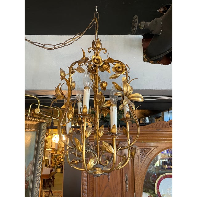 Vintage 1960s Italian Mid Century Hollywood Regency Six Light Gilt Floral Chandelier For Sale - Image 13 of 13