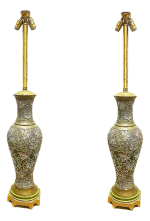 Arts & Craft Chinese Bronze Cloisonné Enamel Vase Lamp by Mimi London, Pair