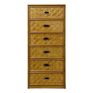 Mid 20th Century Dixie Parquet Inlay Tall Chest of Drawers Brass Detail Coastal Hollywood Regency For Sale