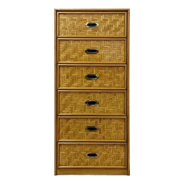 Mid 20th Century Dixie Parquet Inlay Tall Chest of Drawers Brass Detail Coastal Hollywood Regency For Sale