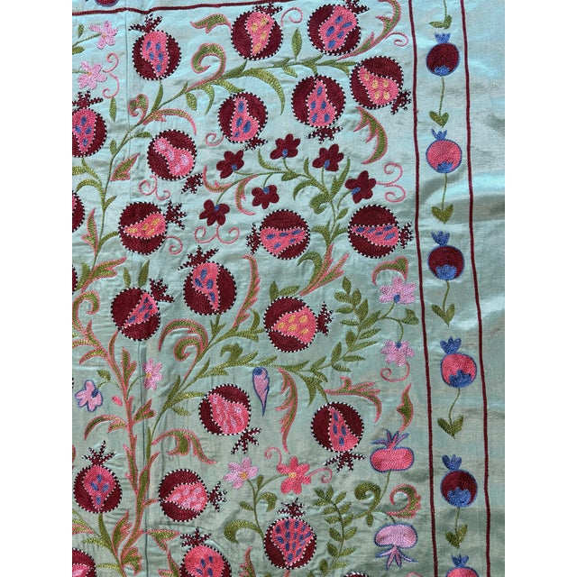 2010s Green Silk Suzani Tapestry With Pomegranate Tree For Sale - Image 5 of 9