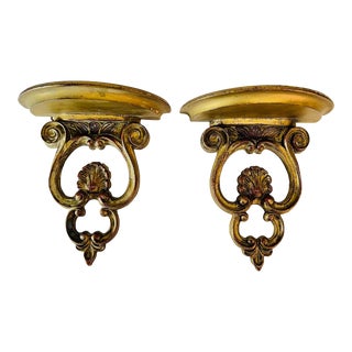 Mid Century Giltwood Shell Motif Wall Shelf With Plate Groove -A Pair For Sale