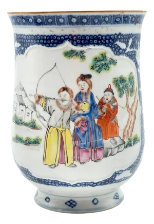 18th Century Chinese Export porcelain Can/Mug Depicting Archery, As Found