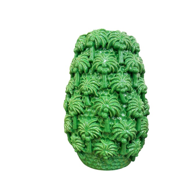 Traditional Vivid Emerald Ceramic Palm Tree Vases (Pair) For Sale - Image 3 of 8