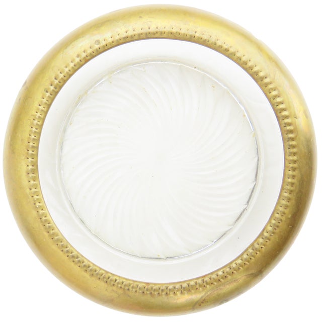 Lovely set of midcentury gold tone beverage coasters adorned with a beaded inner edge and pinwheel motif glass. Featured...