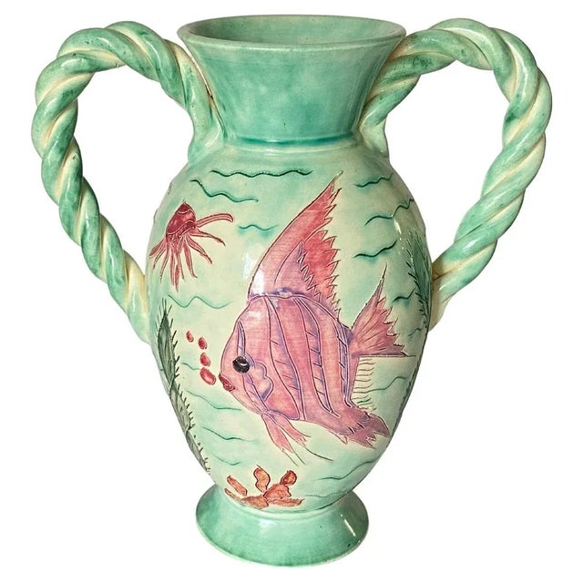 Large Pink and Green Painted Ceramic Vase from Vallauris, France, 1970 For Sale - Image 12 of 12