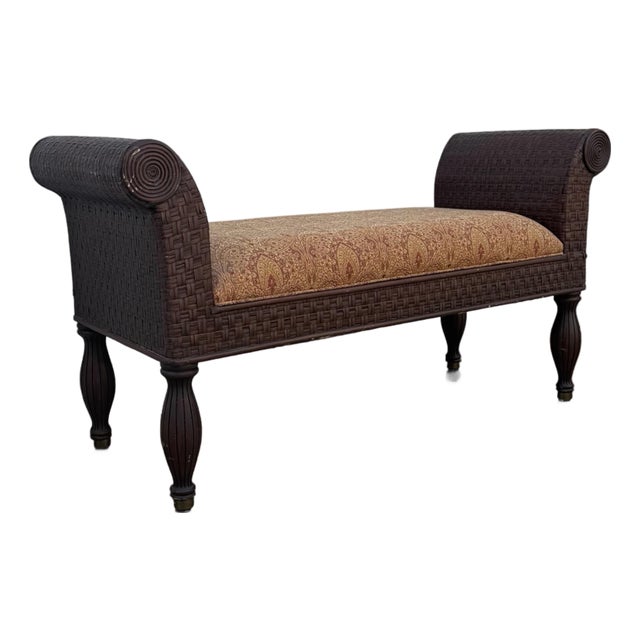 Vintage Boho Woven Rattan Wicker Scroll Arm Upholstered Bench For Sale