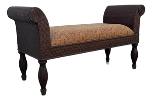 Vintage Boho Woven Rattan Wicker Scroll Arm Upholstered Bench