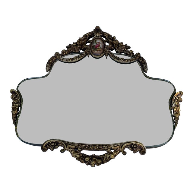 Antique Ornate Gilt Wall Mirror With Hand-Painted Porcelain Plaque For Sale