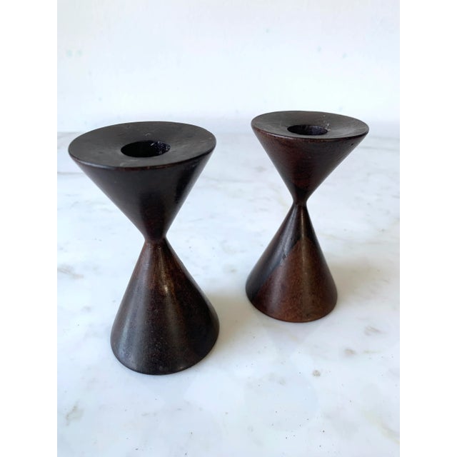 Wood Mid-Century Turned Brazilian Rosewood Danish Modern Candlesticks- a Pair For Sale - Image 7 of 9