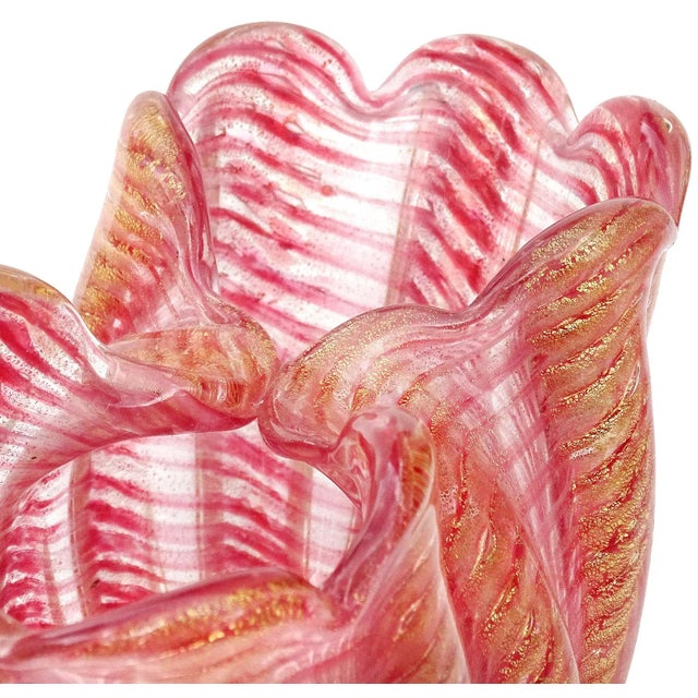 Hollywood Regency Barovier Toso Murano Vintage Pink Gold Flecks Italian Art Glass Midcentury Double Flower Vase For Sale - Image 3 of 7