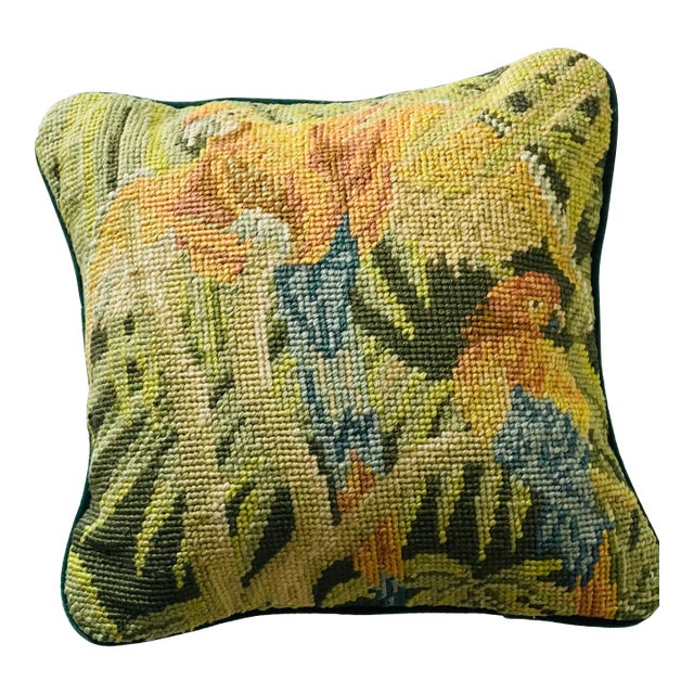 Cute Vintage Needlepoint Small Pillow With Parrots For Sale
