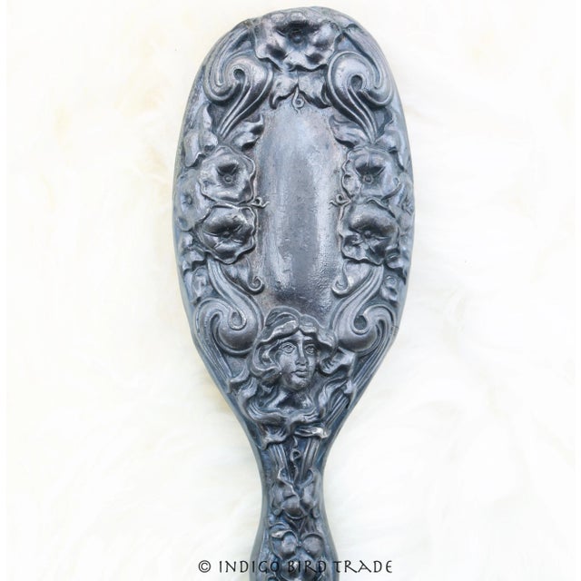 Silver 1900's Art Nouveau Silver Plated Repousse Maiden and Flowers Hand Mirror and Brush - Set of 2 For Sale - Image 8 of 11