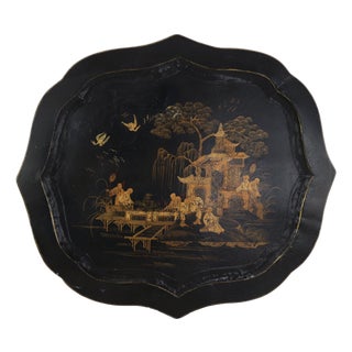 Vintage Hand Painted Chinoiserie Tole Tray Black Lacquer With Gold Gilt Scenic Pagoda Motif For Sale
