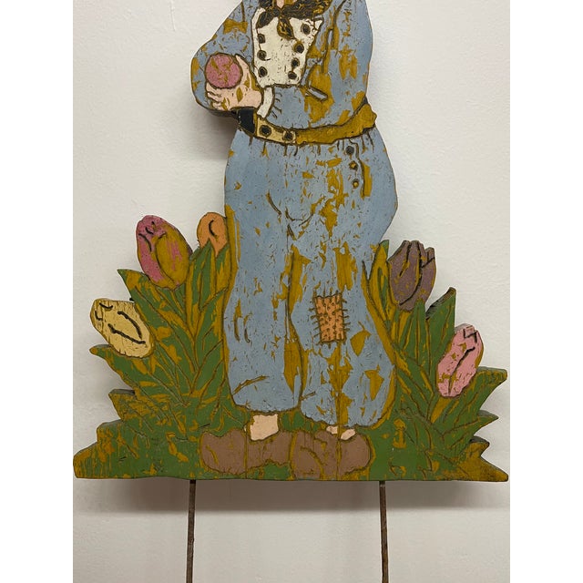 Vintage Folk Art Painted Wood Garden Figure Sculpture on Stand, Hand Carved Decorative Cutout For Sale - Image 10 of 12