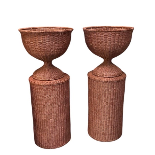 2000 - 2009 Pair of Vintage Woven Wicker Urn Planters on Cylindrical Pedestals For Sale - Image 5 of 12