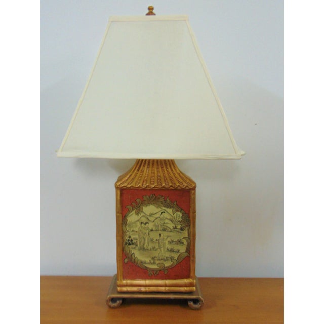 Chinoiserie Pagoda Form Gilt Scenic Decorated Lamp For Sale - Image 4 of 4