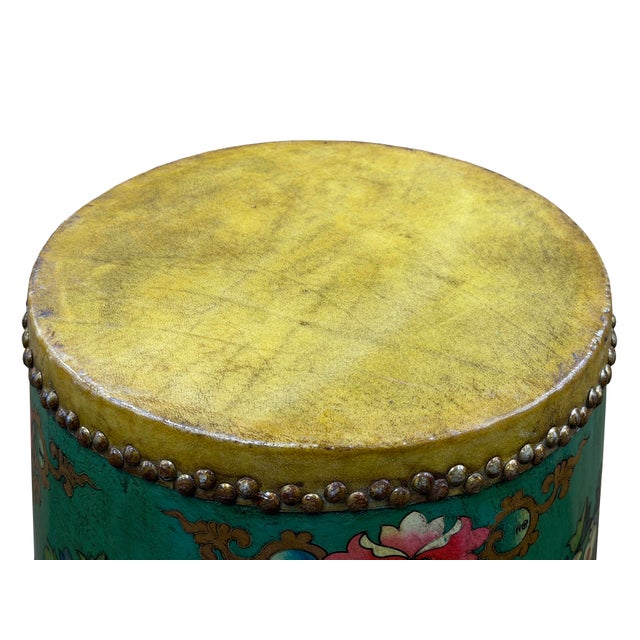Teal Turquoise Green Tibetan Drum Style Lotus Jewel Graphic Table Stool For Sale - Image 11 of 11