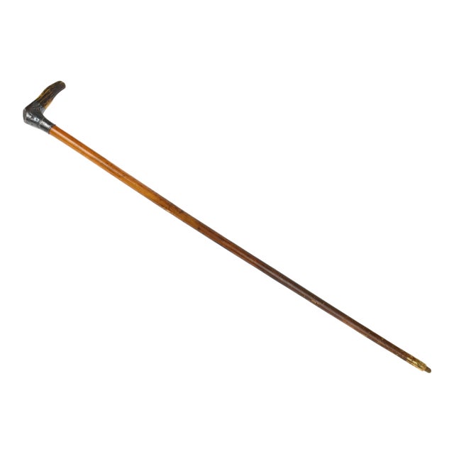 19th Century Victorian Stag Antler Gentleman Walking Cane With Engraved Sterling Silver Collar, Dated 1887 For Sale